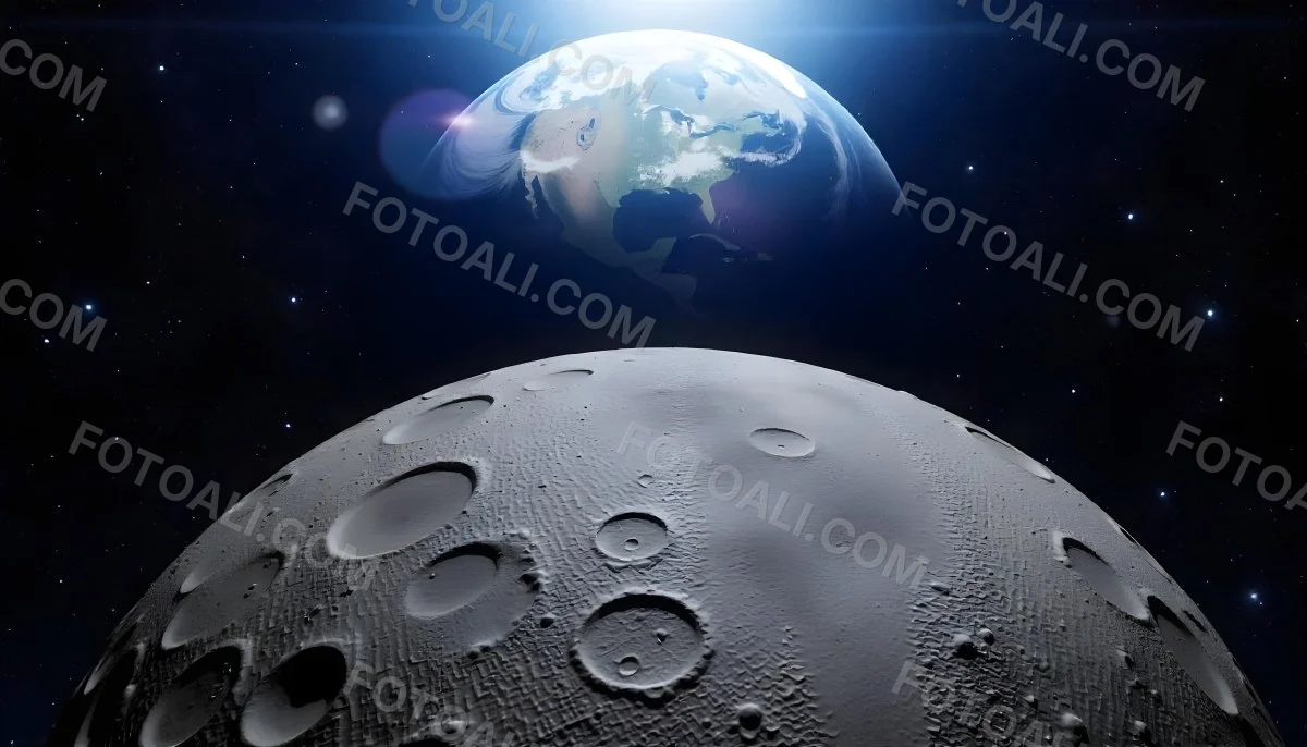 The Moon Surface With Many Craters And The Earth In The Background Both Illuminated By A Bright Light In A Bright Space 21 48ef