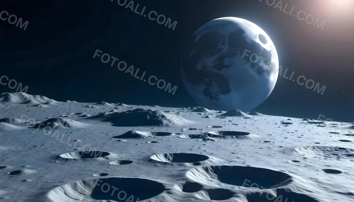 The Moon Surface With Many Craters And The Earth In The Background Both Illuminated By A Bright Light In A Bright Space 3 4fb7
