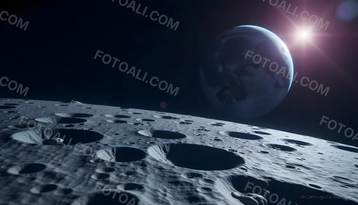 The Moon Surface With Many Craters And The Earth In The Background Both Illuminated By A Bright Light In A Bright Space 4 5593