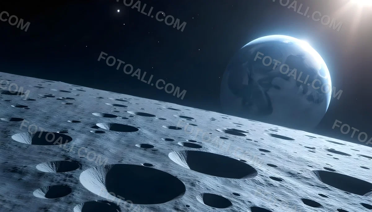 The Moon Surface With Many Craters And The Earth In The Background Both Illuminated By A Bright Light In A Bright Space 5 2c20