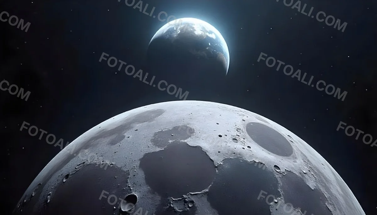 The Moon Surface With Many Craters And The Earth In The Background Both Illuminated By A Bright Light In A Bright Space 6 76ea