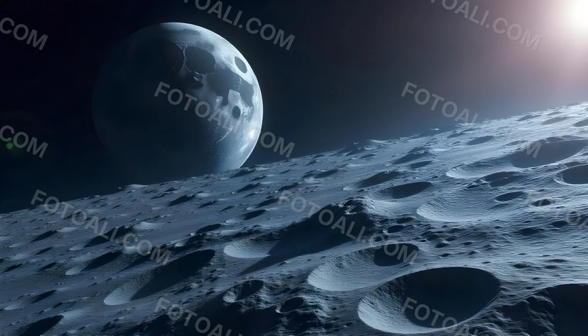The Moon Surface With Many Craters And The Earth In The Background Both Illuminated By A Bright Light In A Bright Space 7 7622