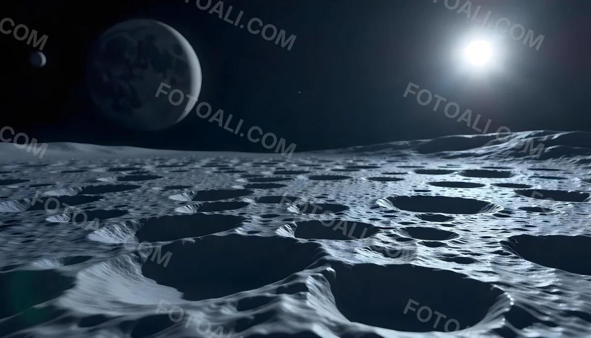 The Moon Surface With Many Craters And The Earth In The Background Both Illuminated By A Bright Light In A Bright Space 8 Ba06