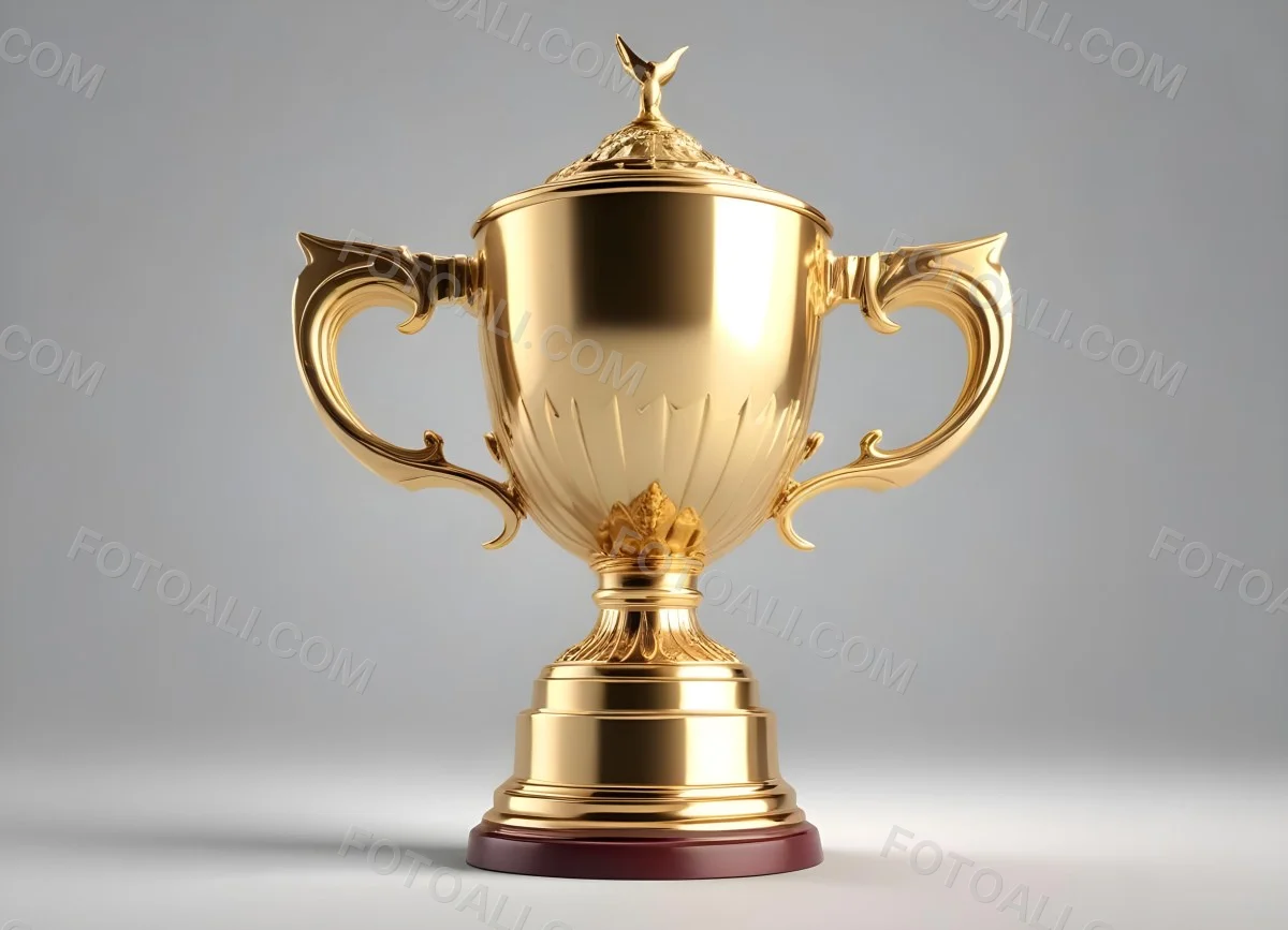 The Style Is 3d Model With Octane Render Volumetric Highly Detailed For Videogame Design A Golden Trophy With Two Handles On A White Background The Trophy Is Shiny And Reflective The Base Is Round And The Cup Is Wid 31 Db73