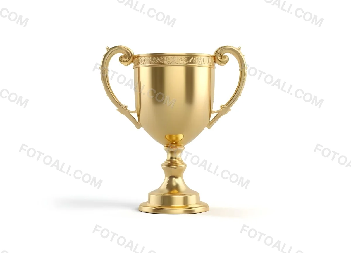The Style Is 3d Model With Octane Render Volumetric Highly Detailed For Videogame Design A Golden Trophy With Two Handles On A White Background The Trophy Is Shiny And Reflective The Base Is Round And The Cup Is Wid 48 A623