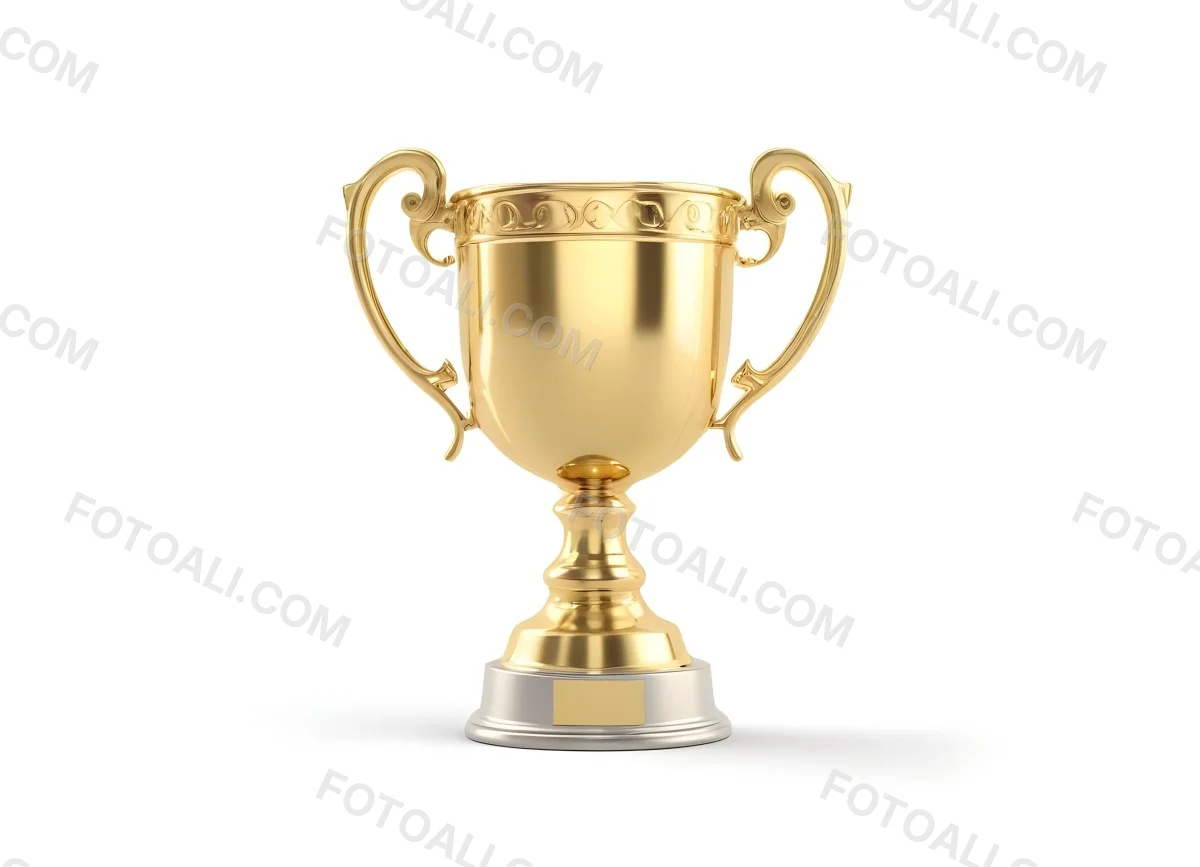 The Style Is 3d Model With Octane Render Volumetric Highly Detailed For Videogame Design A Golden Trophy With Two Handles On A White Background The Trophy Is Shiny And Reflective The Base Is Round And The Cup Is Wid 49 C483