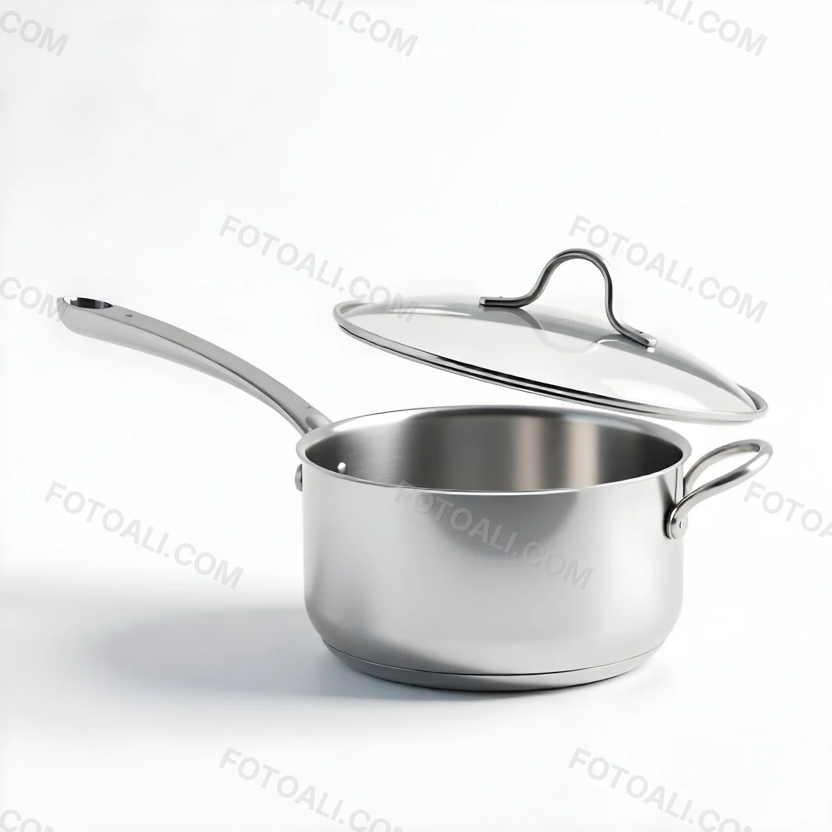 The Style Is 3d Model With Octane Render Volumetric Highly Detailed For Videogame Design Stainless Steel Saucepan With A Long Handle And A Glass Lid Floating Above It Casting A Soft Shadow On A White Background 1 915c