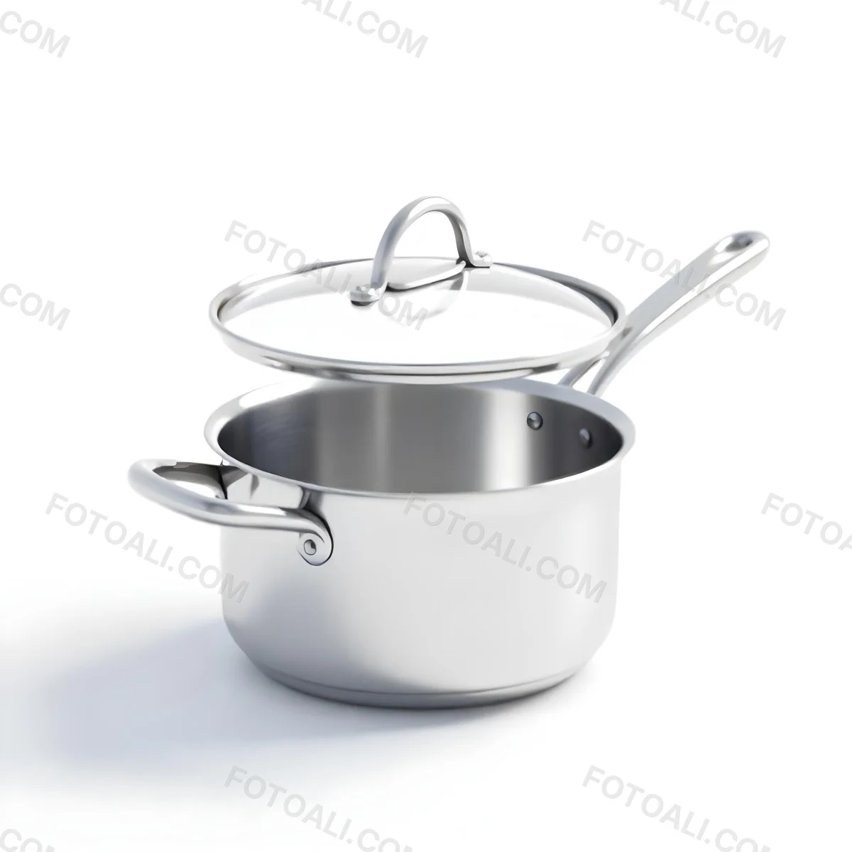 The Style Is 3d Model With Octane Render Volumetric Highly Detailed For Videogame Design Stainless Steel Saucepan With A Long Handle And A Glass Lid Floating Above It Casting A Soft Shadow On A White Background 10 38b4