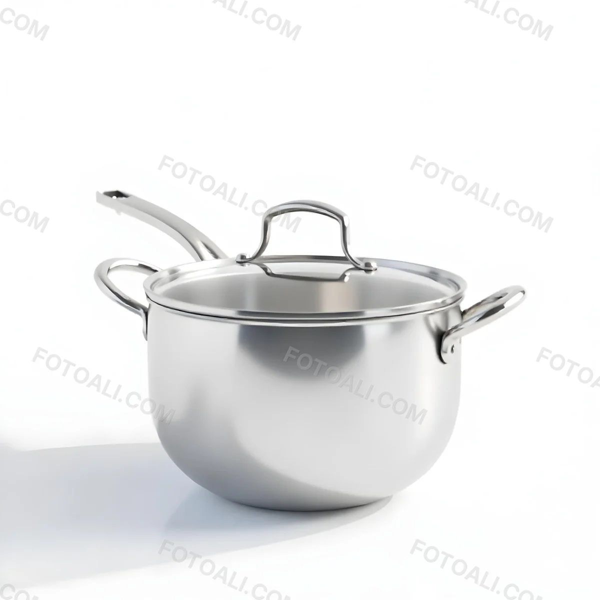 The Style Is 3d Model With Octane Render Volumetric Highly Detailed For Videogame Design Stainless Steel Saucepan With A Long Handle And A Glass Lid Floating Above It Casting A Soft Shadow On A White Background 11 86d0