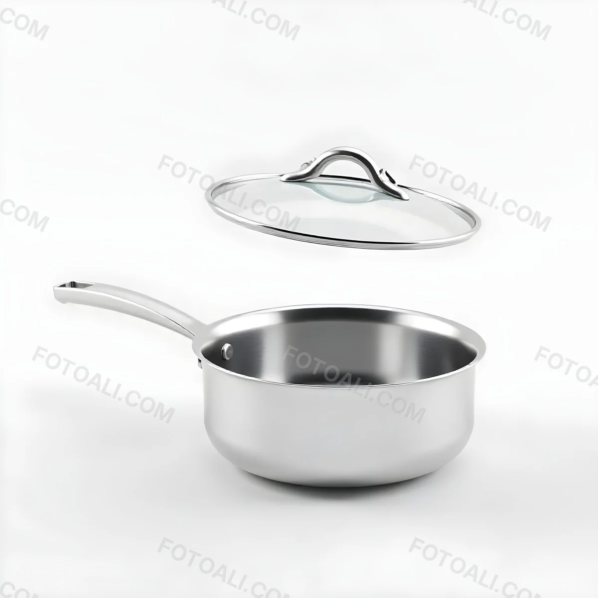 The Style Is 3d Model With Octane Render Volumetric Highly Detailed For Videogame Design Stainless Steel Saucepan With A Long Handle And A Glass Lid Floating Above It Casting A Soft Shadow On A White Background 15 3fd1