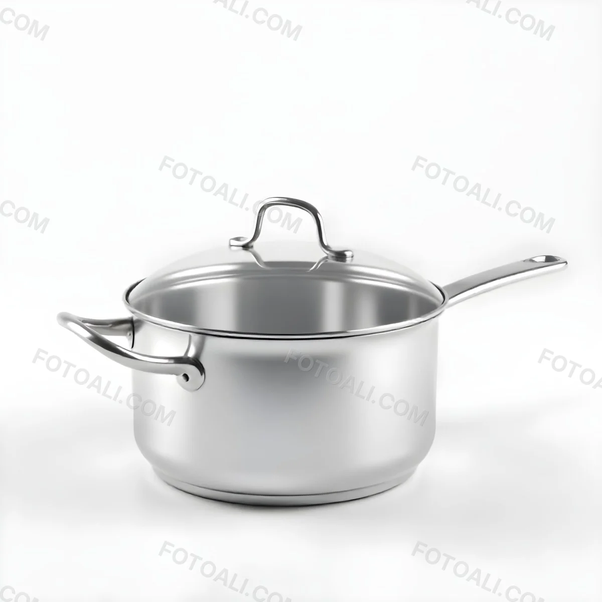 The Style Is 3d Model With Octane Render Volumetric Highly Detailed For Videogame Design Stainless Steel Saucepan With A Long Handle And A Glass Lid Floating Above It Casting A Soft Shadow On A White Background 18 A45f