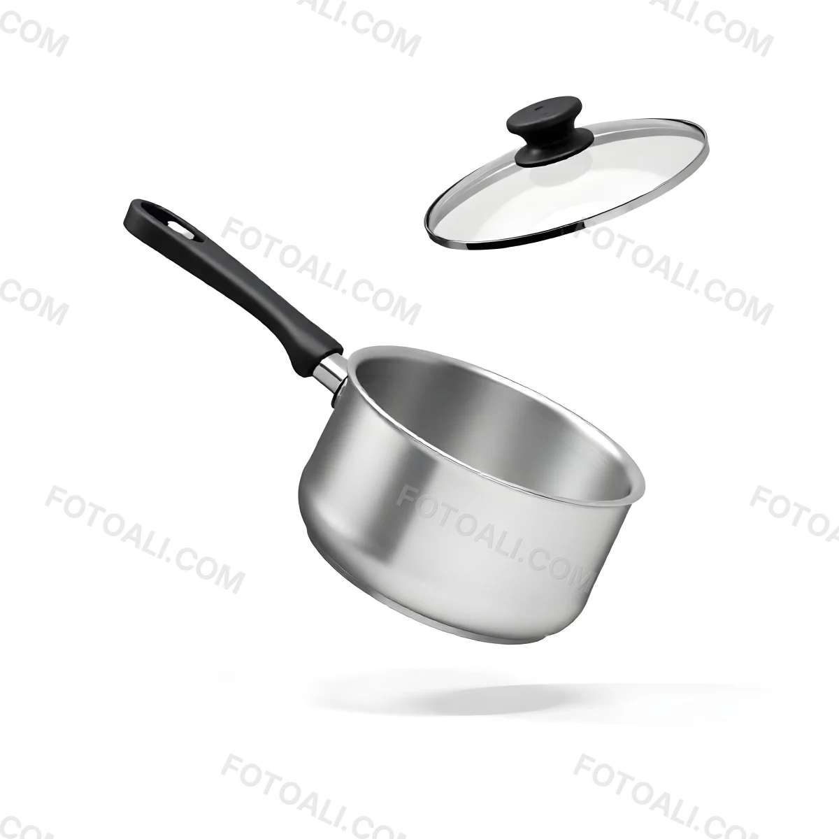 The Style Is 3d Model With Octane Render Volumetric Highly Detailed For Videogame Design Stainless Steel Saucepan With A Long Handle And A Glass Lid Floating Above It Casting A Soft Shadow On A White Background 19 C948