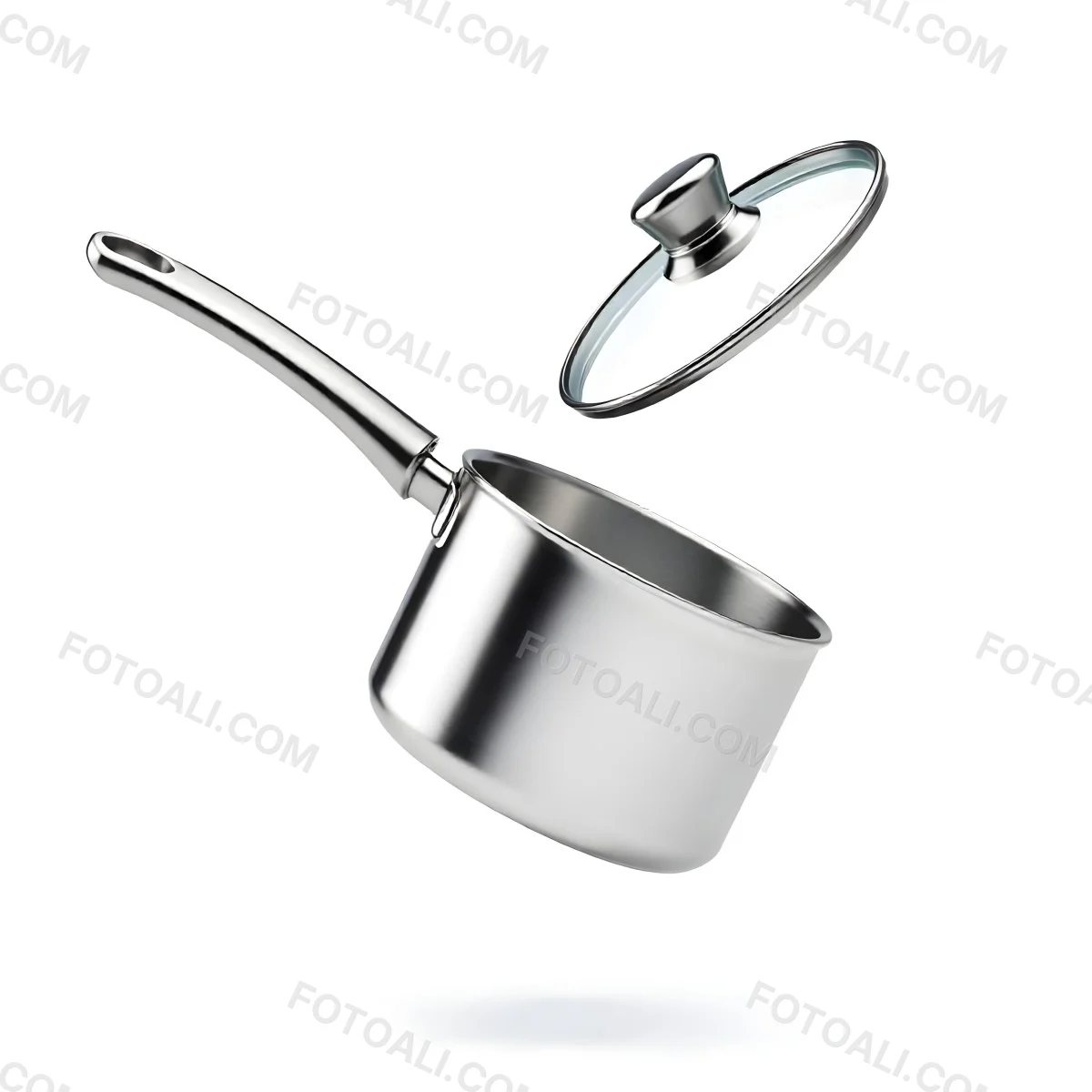 The Style Is 3d Model With Octane Render Volumetric Highly Detailed For Videogame Design Stainless Steel Saucepan With A Long Handle And A Glass Lid Floating Above It Casting A Soft Shadow On A White Background 25 969b
