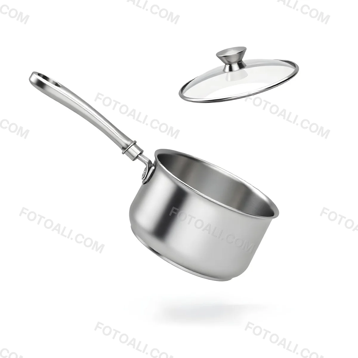 The Style Is 3d Model With Octane Render Volumetric Highly Detailed For Videogame Design Stainless Steel Saucepan With A Long Handle And A Glass Lid Floating Above It Casting A Soft Shadow On A White Background 27 0548