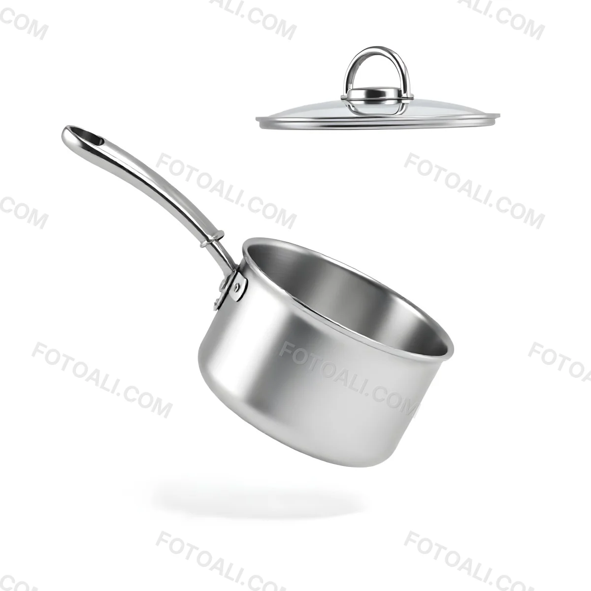 The Style Is 3d Model With Octane Render Volumetric Highly Detailed For Videogame Design Stainless Steel Saucepan With A Long Handle And A Glass Lid Floating Above It Casting A Soft Shadow On A White Background 28 Fb7e