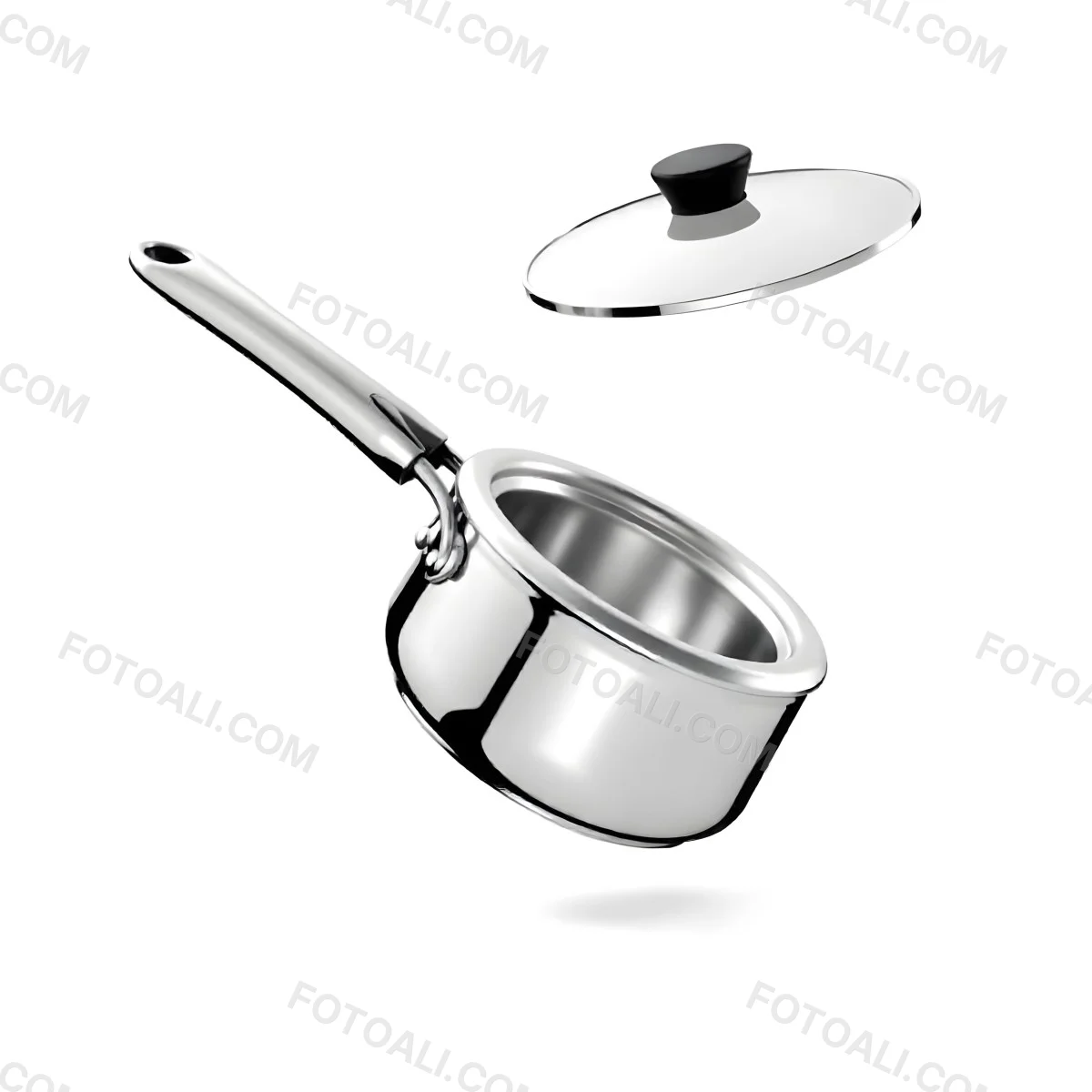 The Style Is 3d Model With Octane Render Volumetric Highly Detailed For Videogame Design Stainless Steel Saucepan With A Long Handle And A Glass Lid Floating Above It Casting A Soft Shadow On A White Background 29 350e