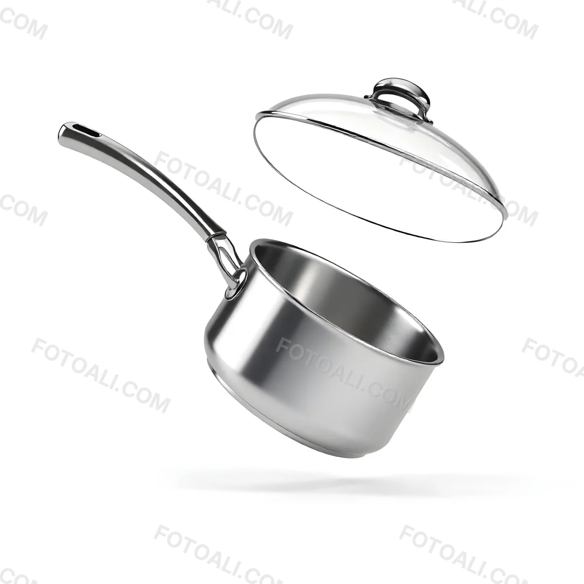 The Style Is 3d Model With Octane Render Volumetric Highly Detailed For Videogame Design Stainless Steel Saucepan With A Long Handle And A Glass Lid Floating Above It Casting A Soft Shadow On A White Background 30 927d