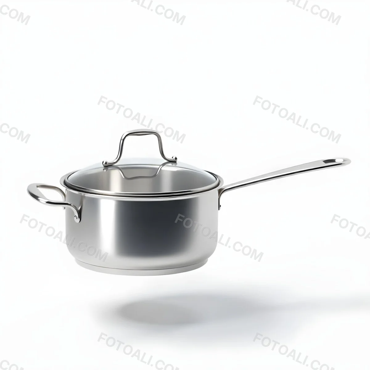 The Style Is 3d Model With Octane Render Volumetric Highly Detailed For Videogame Design Stainless Steel Saucepan With A Long Handle And A Glass Lid Floating Above It Casting A Soft Shadow On A White Background 31 5849
