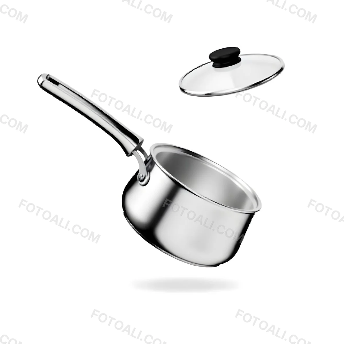 The Style Is 3d Model With Octane Render Volumetric Highly Detailed For Videogame Design Stainless Steel Saucepan With A Long Handle And A Glass Lid Floating Above It Casting A Soft Shadow On A White Background 4 25e8