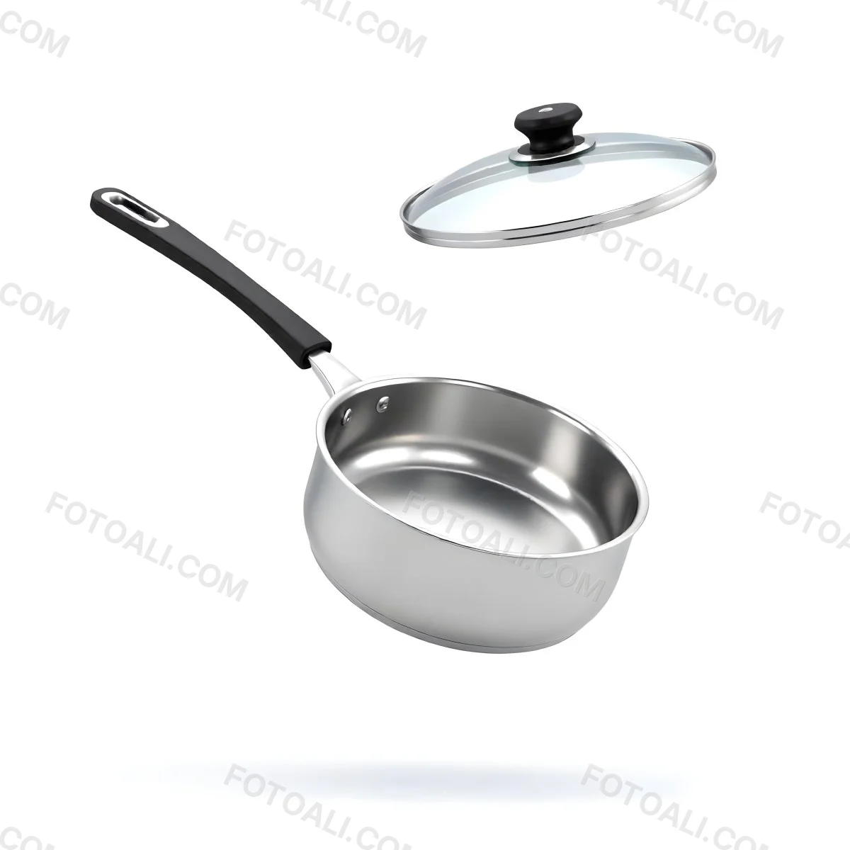 The Style Is 3d Model With Octane Render Volumetric Highly Detailed For Videogame Design Stainless Steel Saucepan With A Long Handle And A Glass Lid Floating Above It Casting A Soft Shadow On A White Background 5 65f1