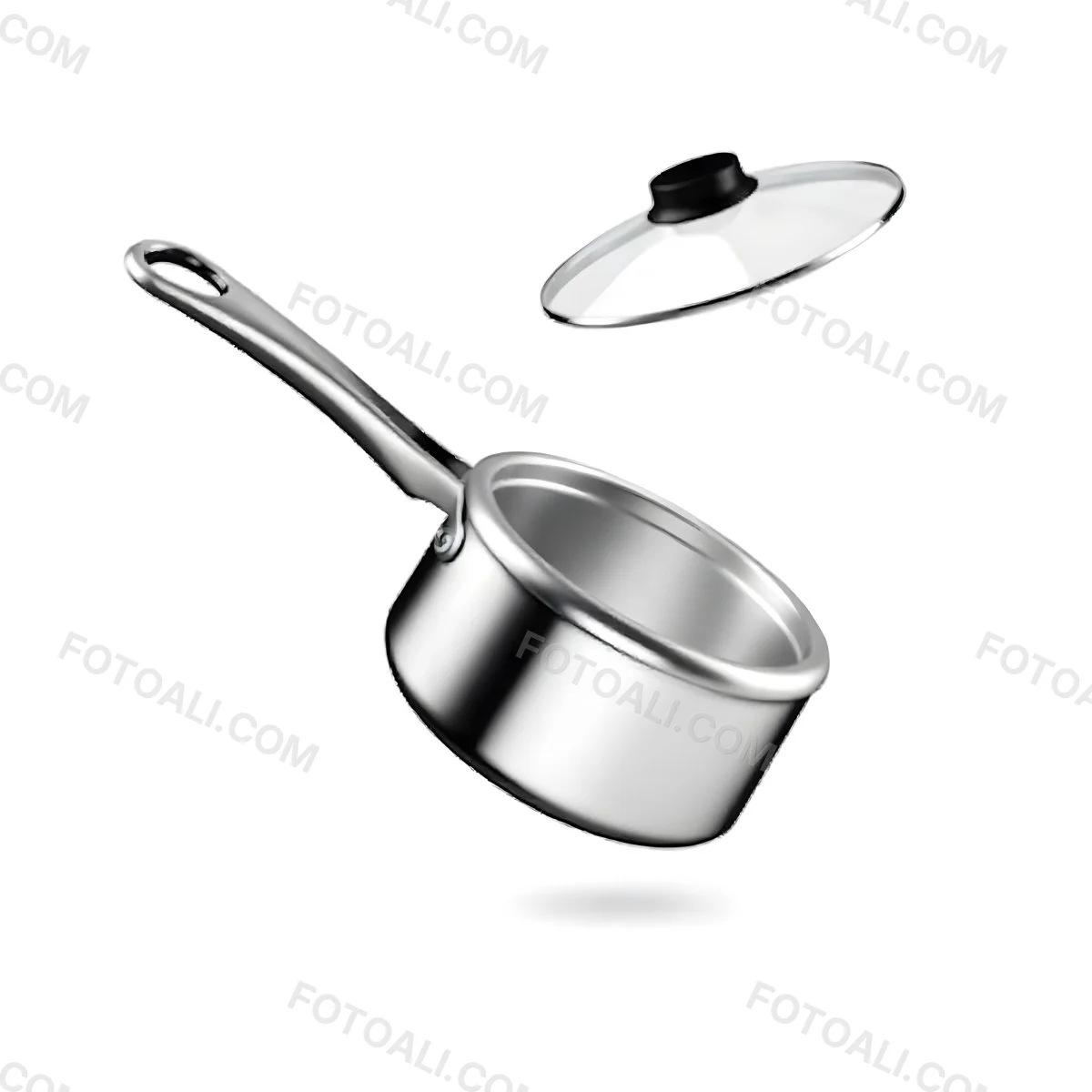 The Style Is 3d Model With Octane Render Volumetric Highly Detailed For Videogame Design Stainless Steel Saucepan With A Long Handle And A Glass Lid Floating Above It Casting A Soft Shadow On A White Background 6 3605