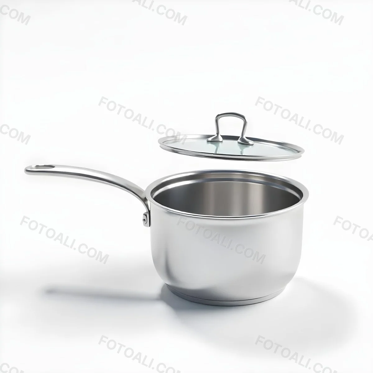 The Style Is 3d Model With Octane Render Volumetric Highly Detailed For Videogame Design Stainless Steel Saucepan With A Long Handle And A Glass Lid Floating Above It Casting A Soft Shadow On A White Background 7 809a
