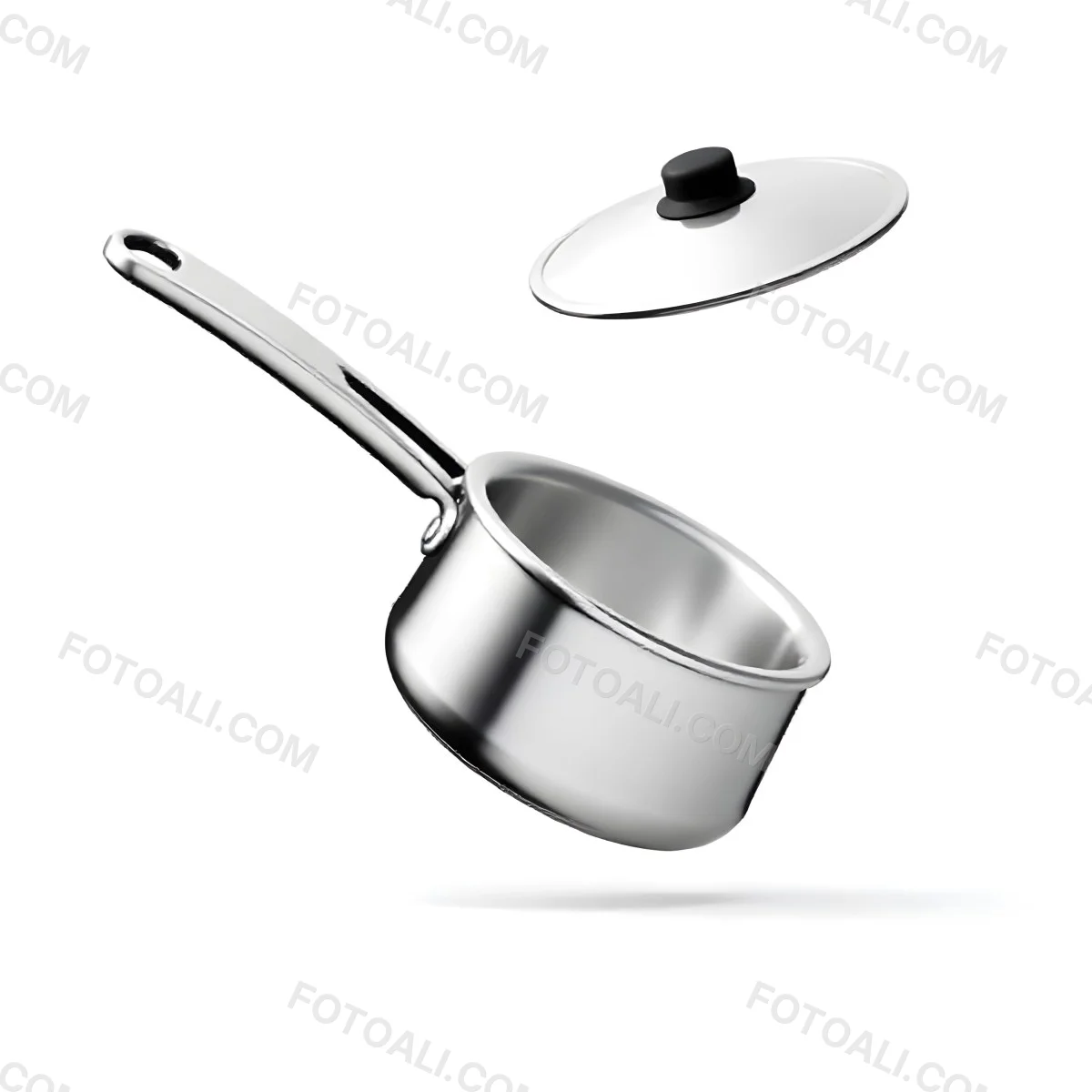 The Style Is 3d Model With Octane Render Volumetric Highly Detailed For Videogame Design Stainless Steel Saucepan With A Long Handle And A Glass Lid Floating Above It Casting A Soft Shadow On A White Background 8 9843