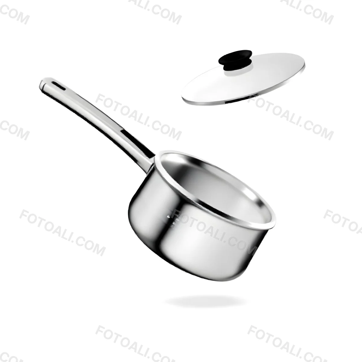The Style Is 3d Model With Octane Render Volumetric Highly Detailed For Videogame Design Stainless Steel Saucepan With A Long Handle And A Glass Lid Floating Above It Casting A Soft Shadow On A White Background 9 4792