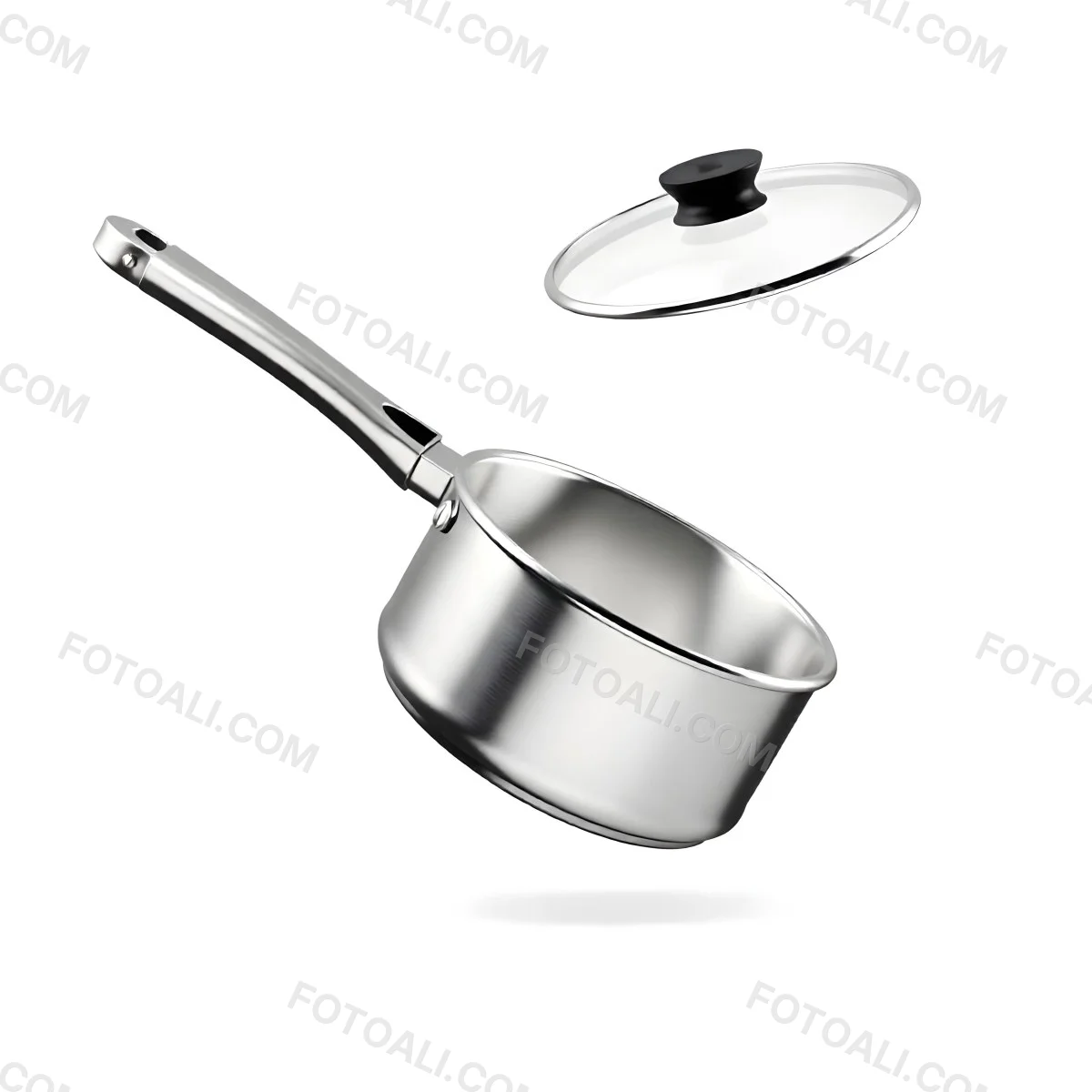 The Style Is 3d Model With Octane Render Volumetric Highly Detailed For Videogame Design Stainless Steel Saucepan With A Long Handle And A Glass Lid Floating Above It Isolated On A White Background 5 7c85