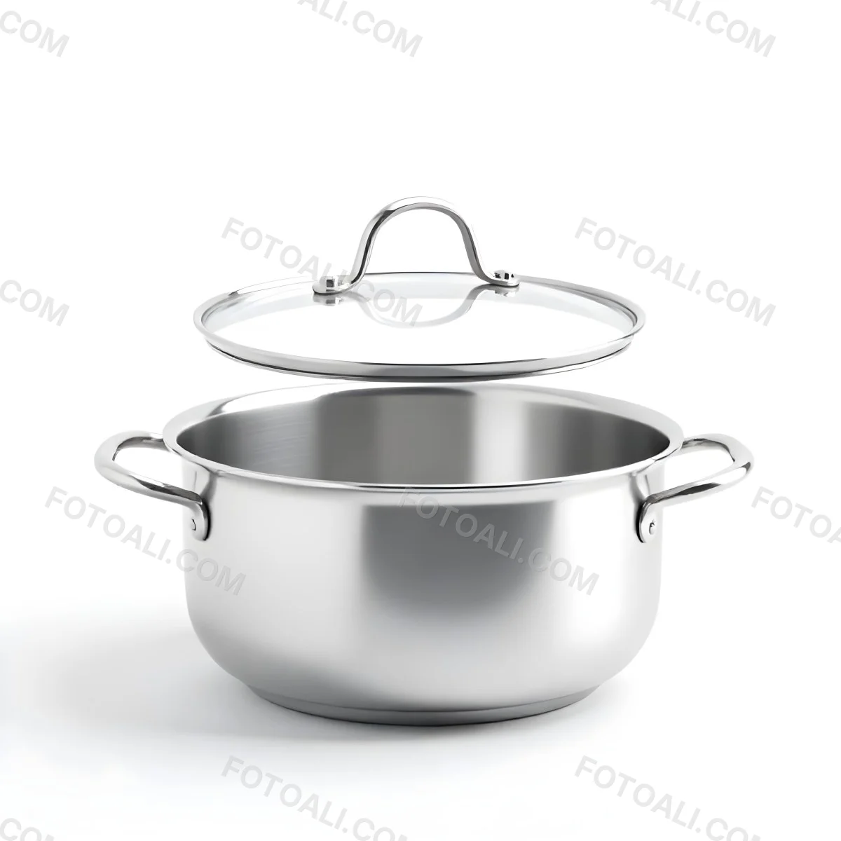 The Style Is 3d Model With Octane Render Volumetric Highly Detailed For Videogame Design Stainless Steel Saucepan With A Long Handle And A Glass Lid Floating Above It Isolated On A White Background 9 804f