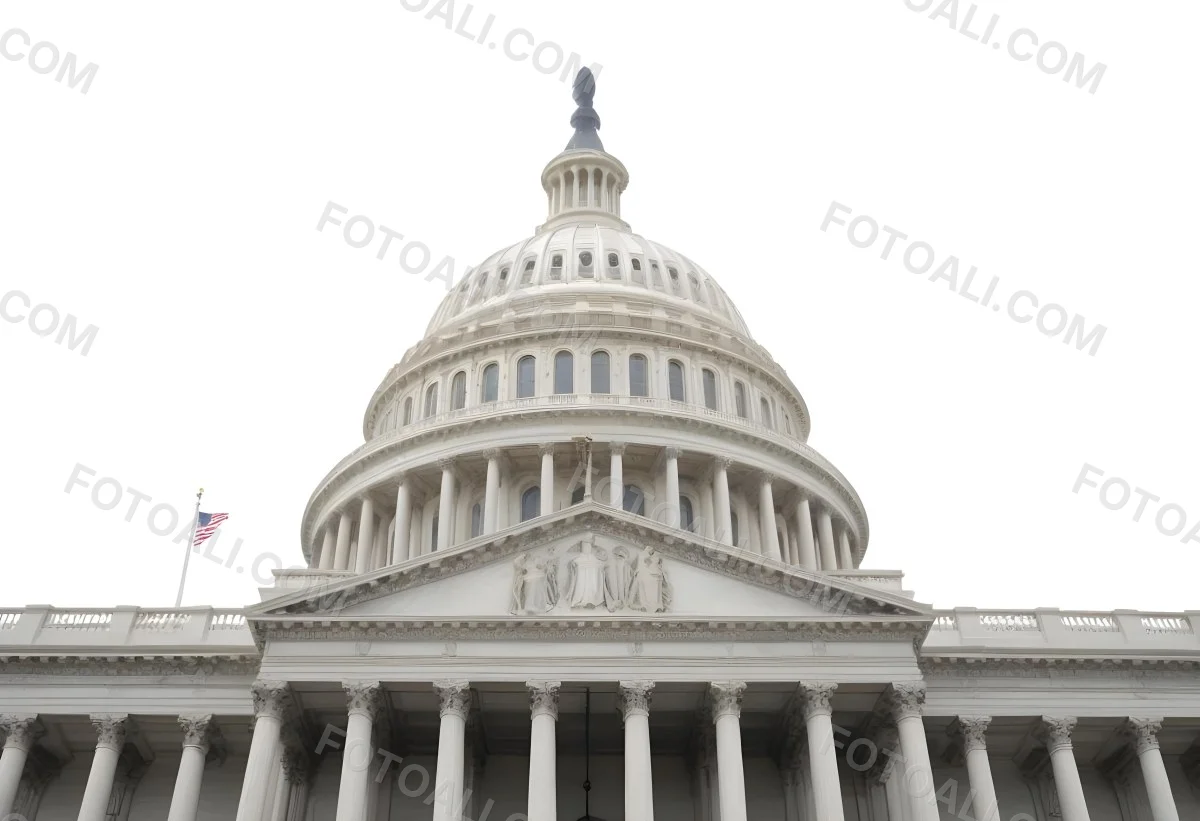 The United States Capitol Building With The American Flag Waving In The Wind The Sky Is White 1 5e26
