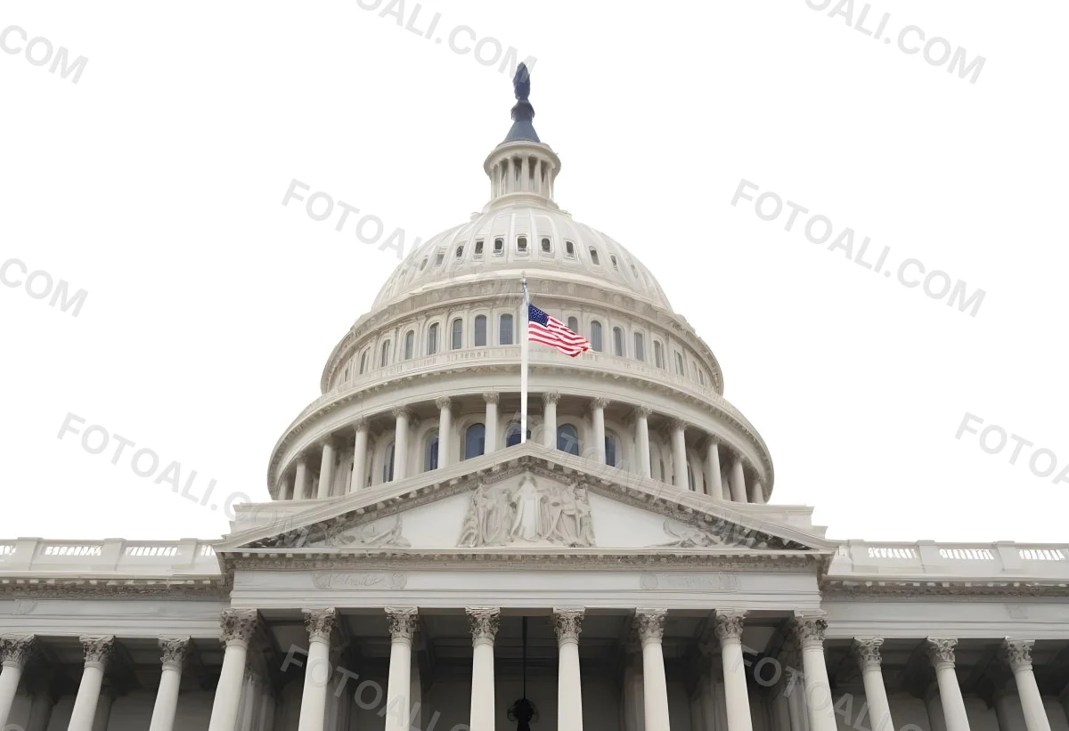 The United States Capitol Building With The American Flag Waving In The Wind The Sky Is White 16 5fe7