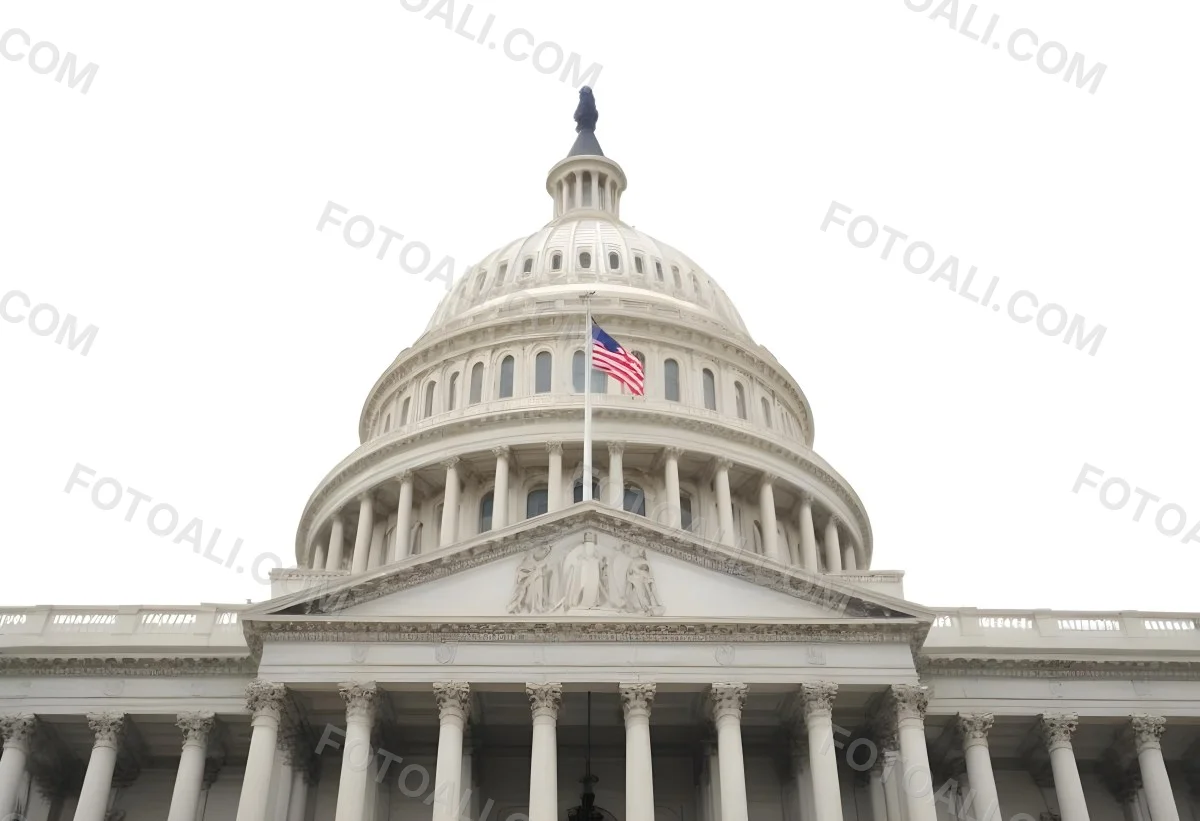 The United States Capitol Building With The American Flag Waving In The Wind The Sky Is White 18 1f2c