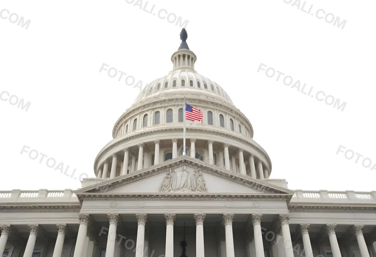 The United States Capitol Building With The American Flag Waving In The Wind The Sky Is White 19 4d0b