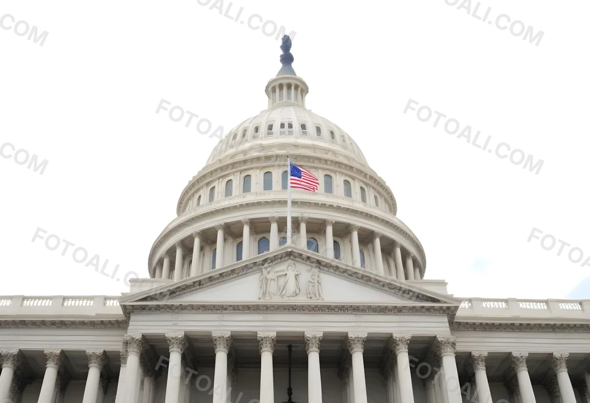 The United States Capitol Building With The American Flag Waving In The Wind The Sky Is White 2 9124