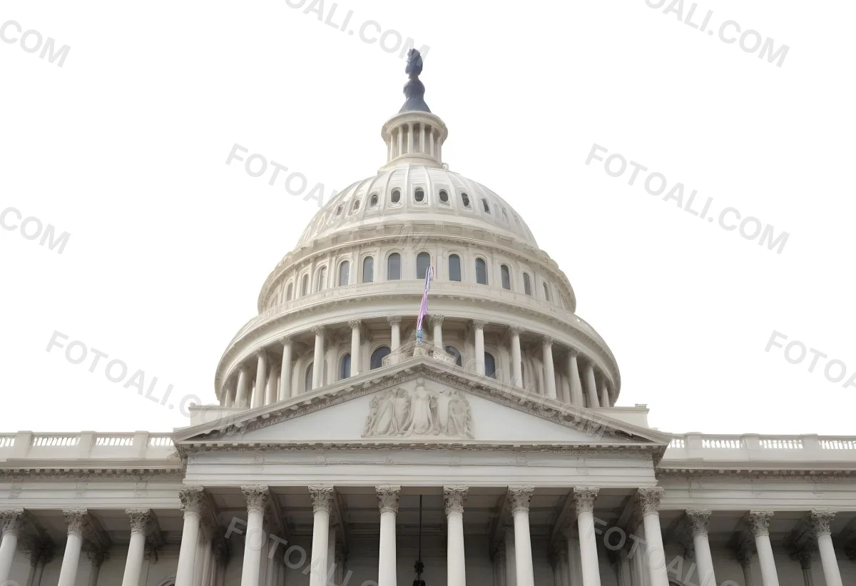 The United States Capitol Building With The American Flag Waving In The Wind The Sky Is White 20 525e