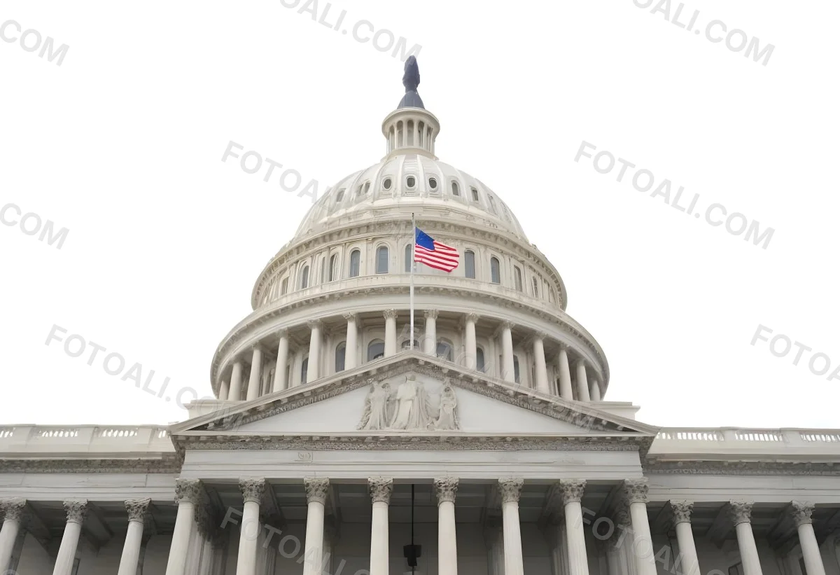 The United States Capitol Building With The American Flag Waving In The Wind The Sky Is White 21 3712