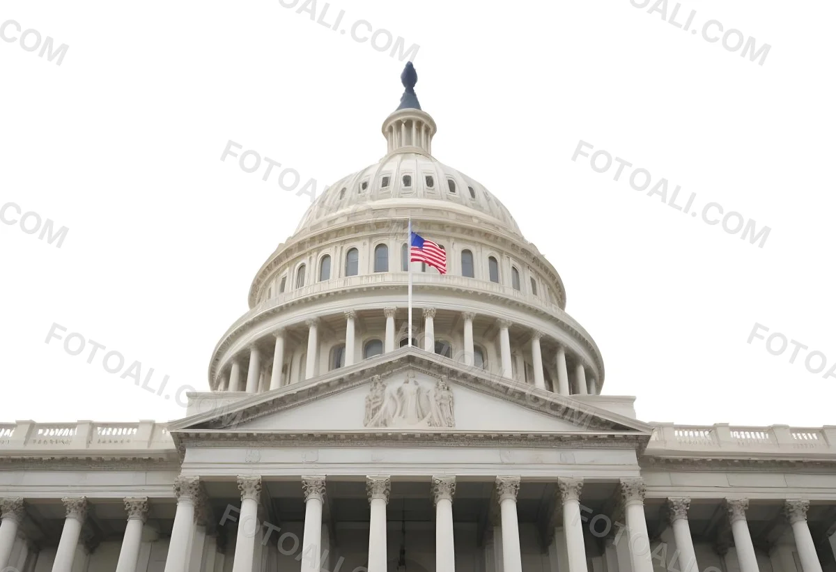 The United States Capitol Building With The American Flag Waving In The Wind The Sky Is White 22 903e