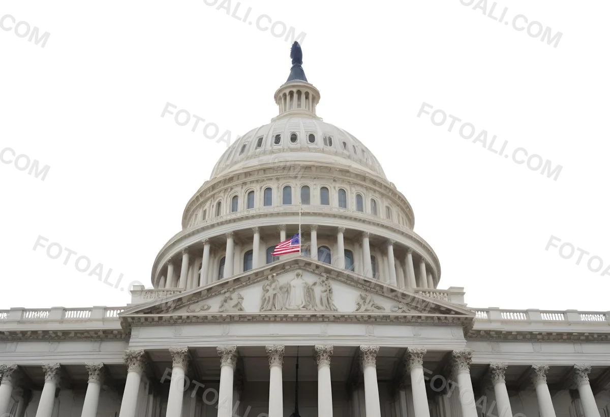 The United States Capitol Building With The American Flag Waving In The Wind The Sky Is White 23 4323