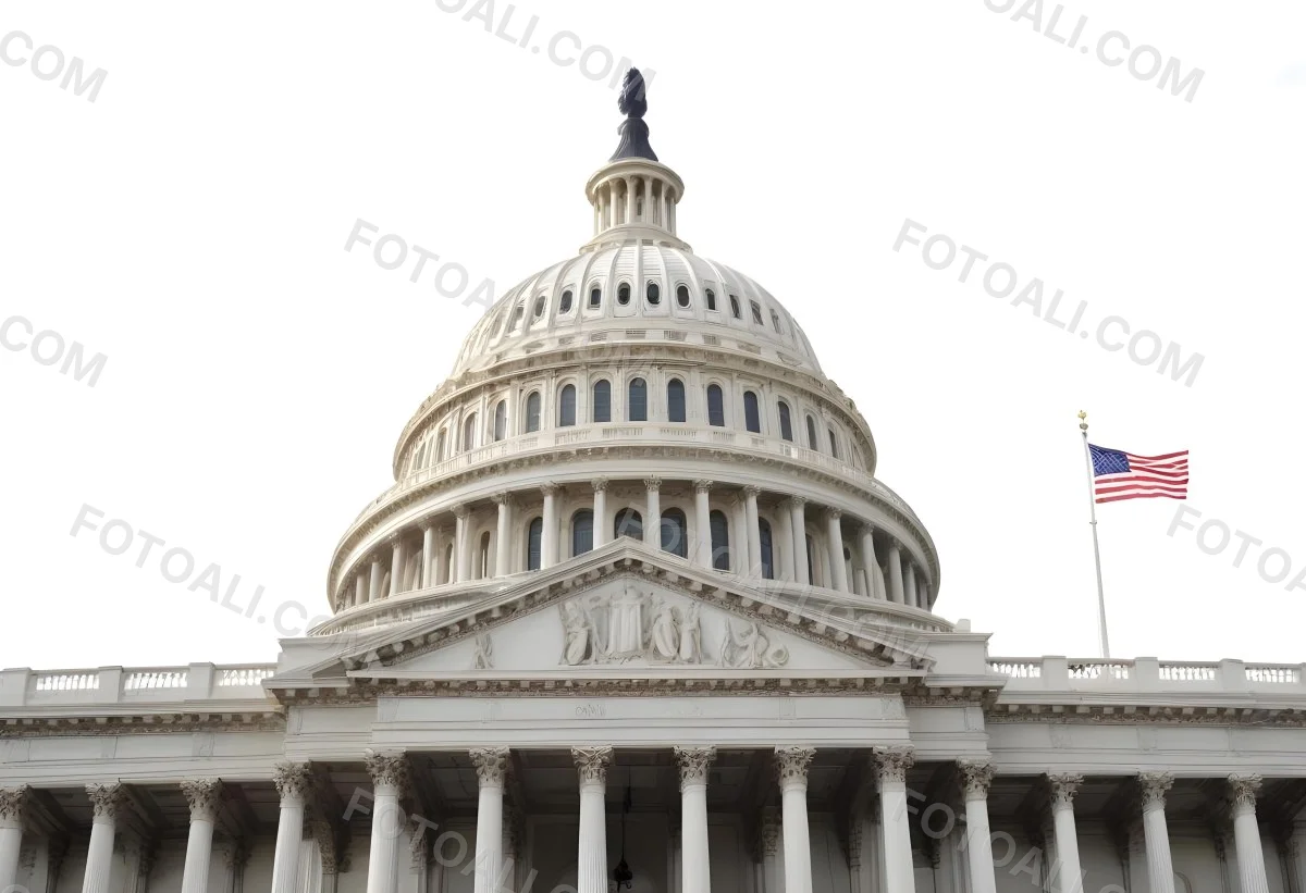 The United States Capitol Building With The American Flag Waving In The Wind The Sky Is White 24 C29e