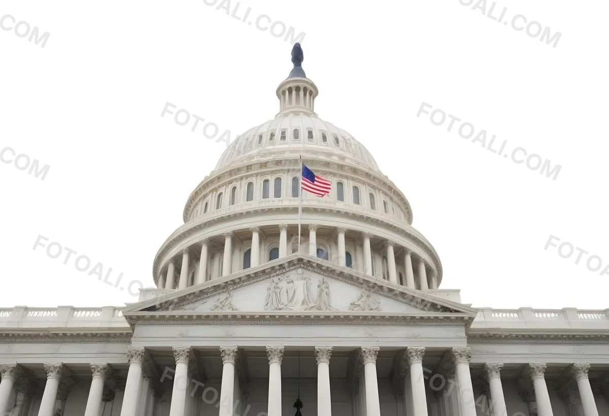The United States Capitol Building With The American Flag Waving In The Wind The Sky Is White 3 E1b2