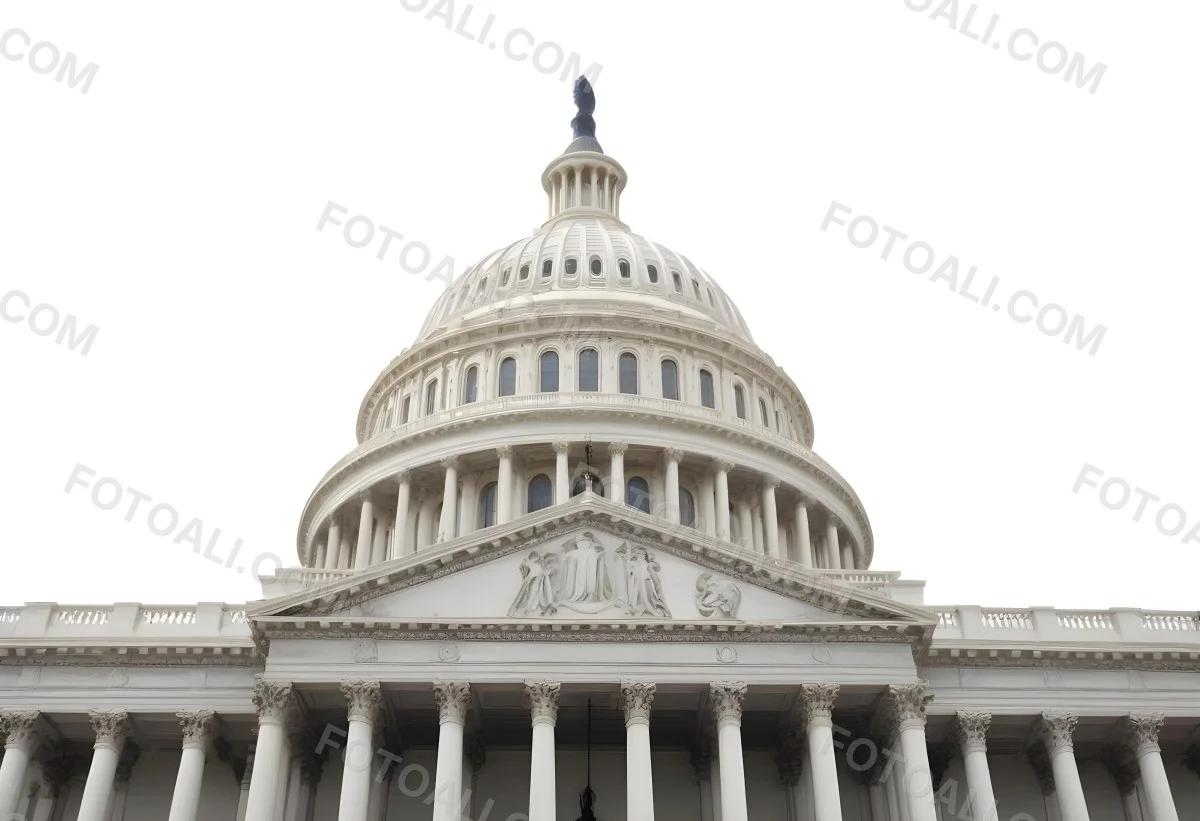 The United States Capitol Building With The American Flag Waving In The Wind The Sky Is White 4 3054