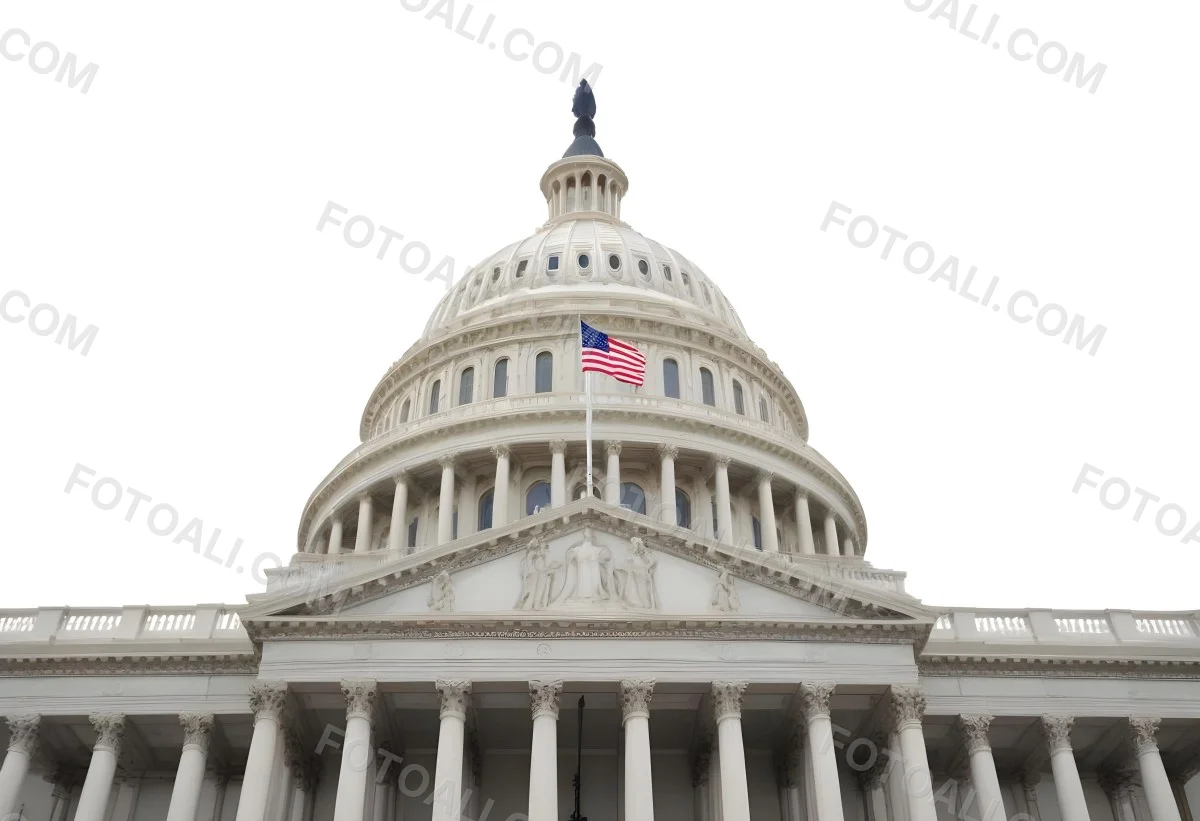 The United States Capitol Building With The American Flag Waving In The Wind The Sky Is White 5 97b3