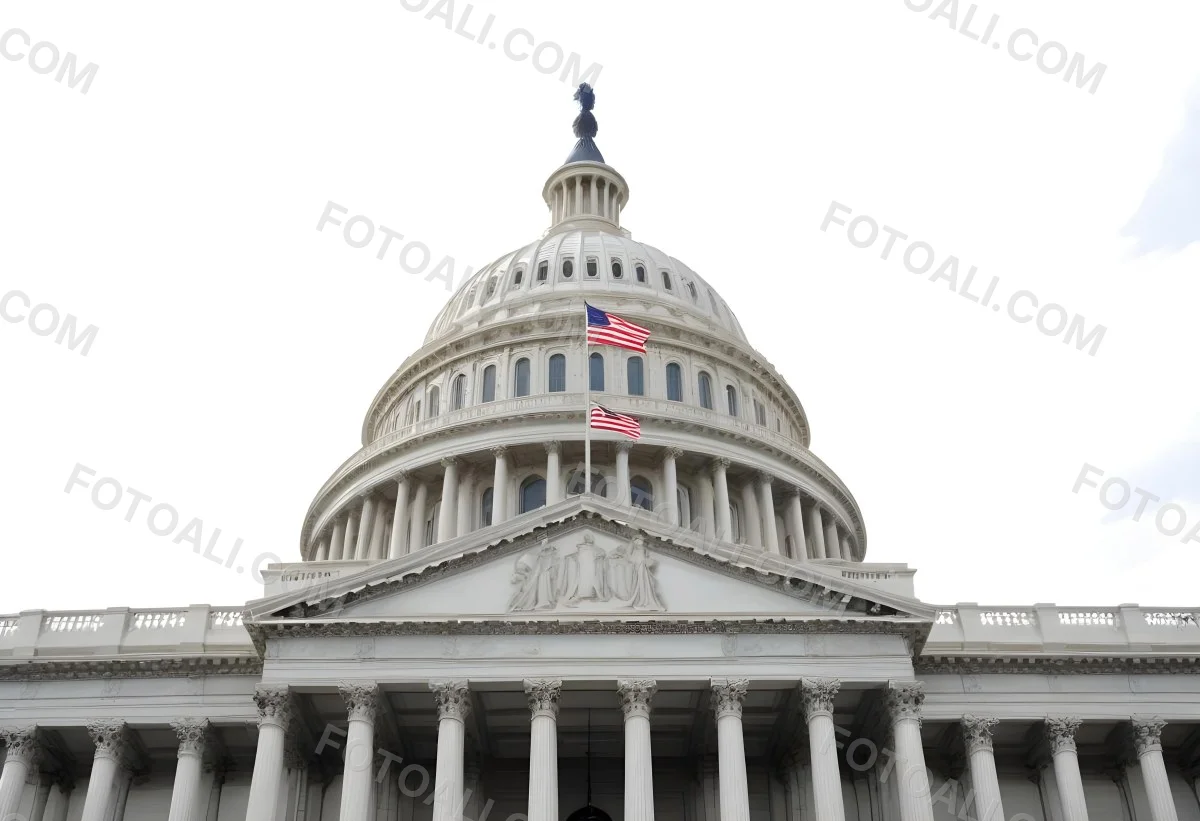 The United States Capitol Building With The American Flag Waving In The Wind The Sky Is White 8 F4a6