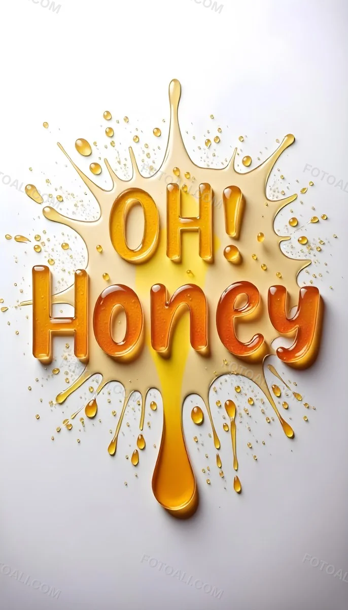 The Words Oh Honey Made Of Honey With Honey Drops And Splashes On A White Background 34 C078