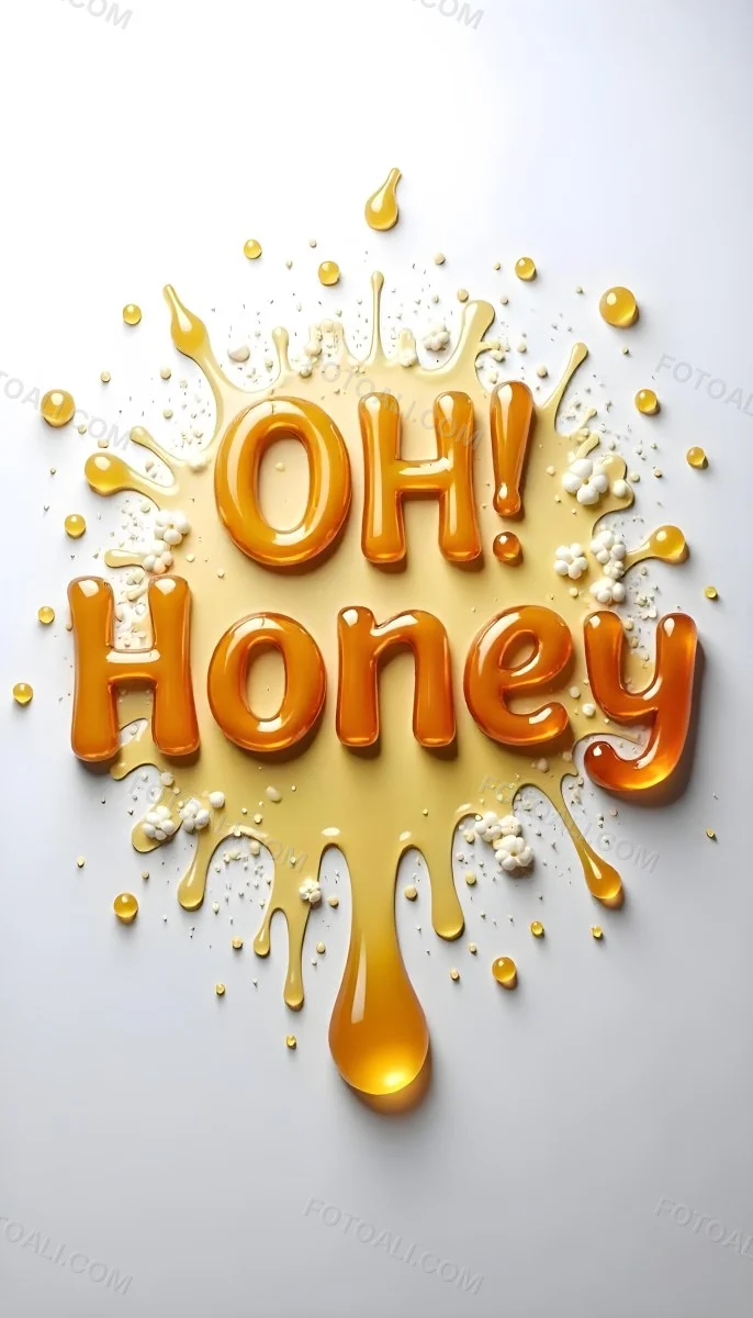 The Words Oh Honey Made Of Honey With Honey Drops And Splashes On A White Background 37 6873