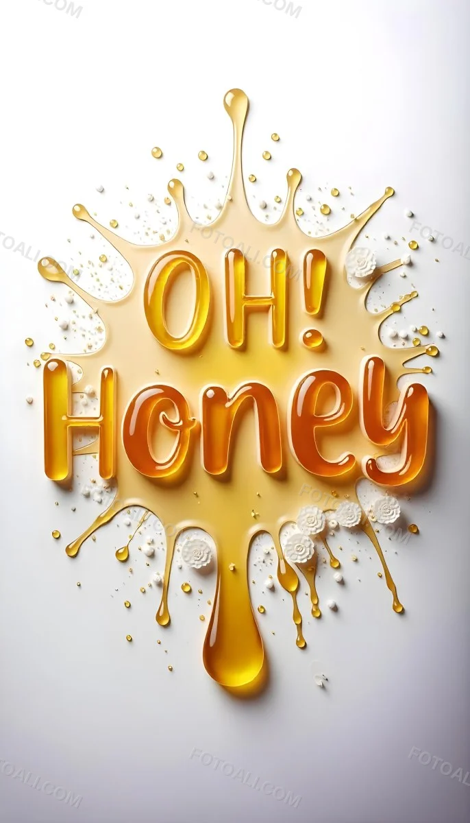 The Words Oh Honey Made Of Honey With Honey Drops And Splashes On A White Background 4 Aff0