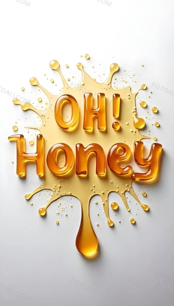 The Words Oh Honey Made Of Honey With Honey Drops And Splashes On A White Background 6 8899