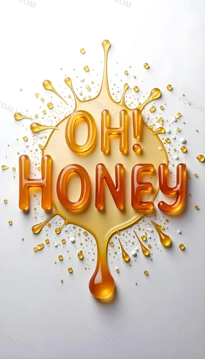 The Words Oh Honey Made Of Honey With Honey Drops And Splashes On A White Background 7 5bf5