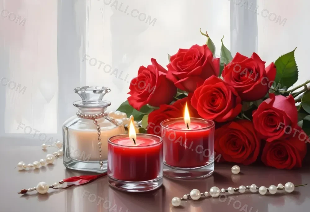 Three Candles In Glass Containers With A Pearl Necklace And A Bouquet Of Roses In A Bright Room 15 29fa